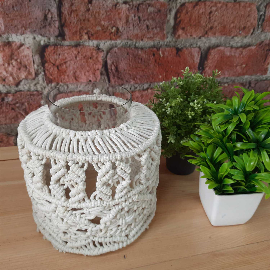 Avioni Home Hand Moulded Glass Jars With Beautifully Crafted Macrame Cover Candle Lantern-7.5 X4.5 Inches (19*11.5 cms)