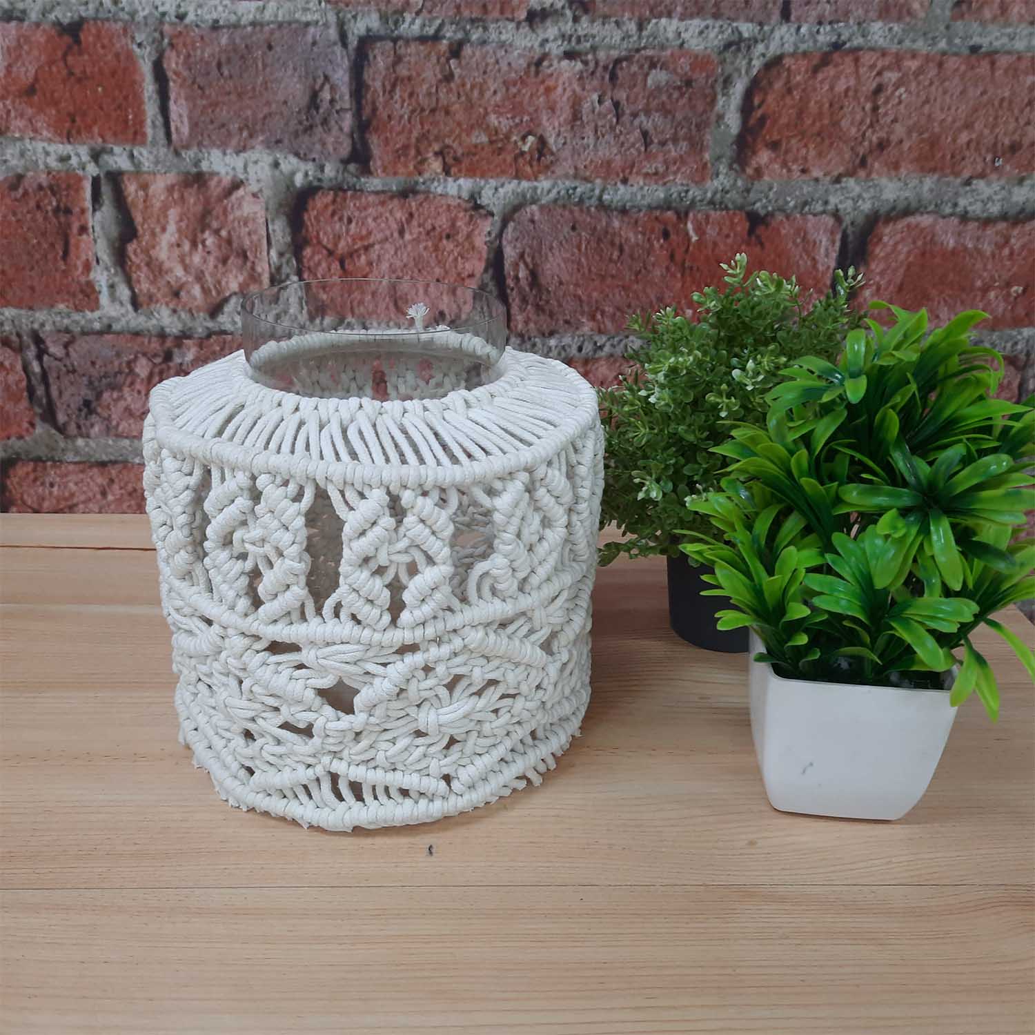 Avioni Home Hand Moulded Glass Jars With Beautifully Crafted Macrame Cover Candle Lantern-7.5 X4.5 Inches (19*11.5 cms)