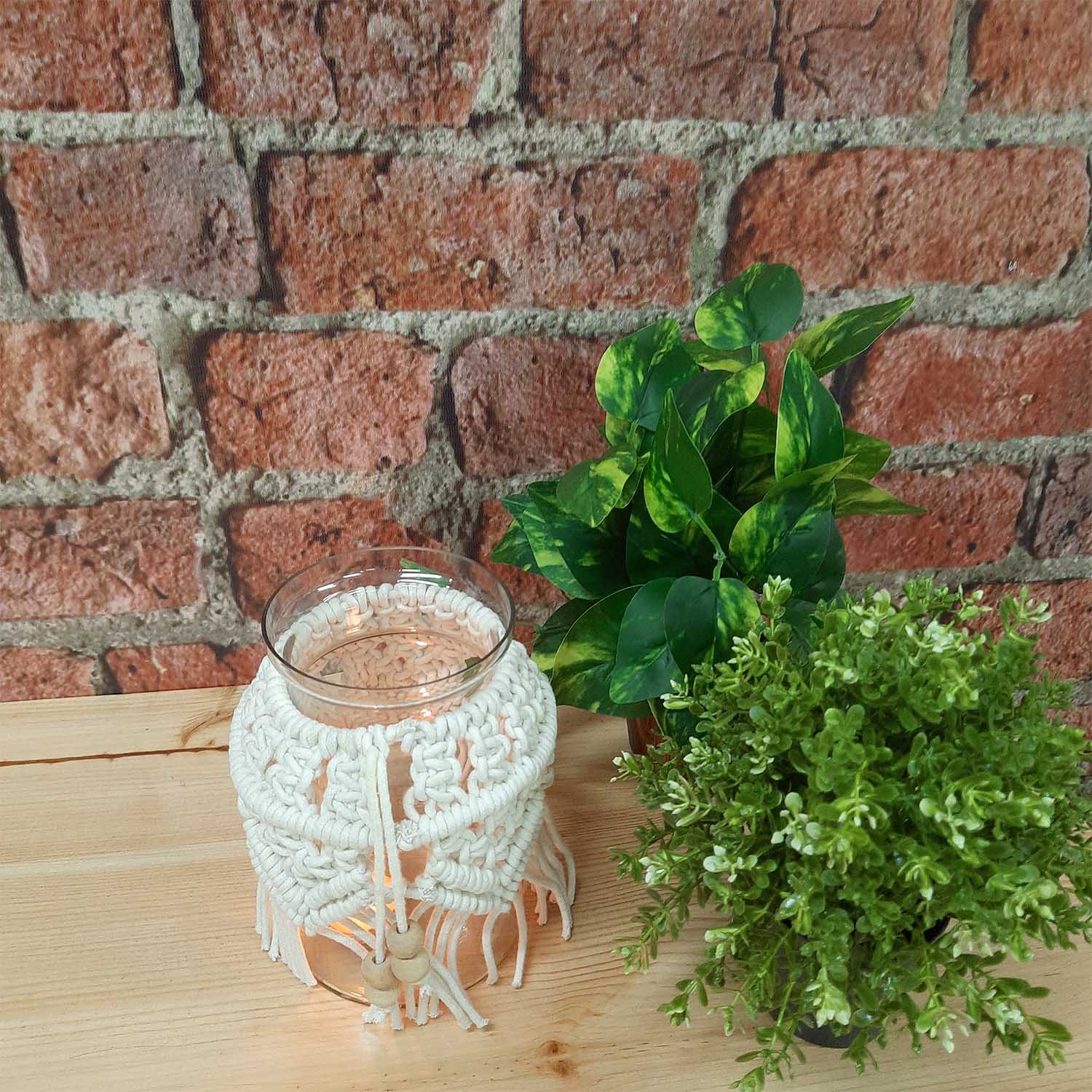 Avioni Home Hand Moulded Glass Jars With Beautifully Crafted Macrame Cover Candle Lantern-7.5 X4.5 Inches (19*11.5 cms)