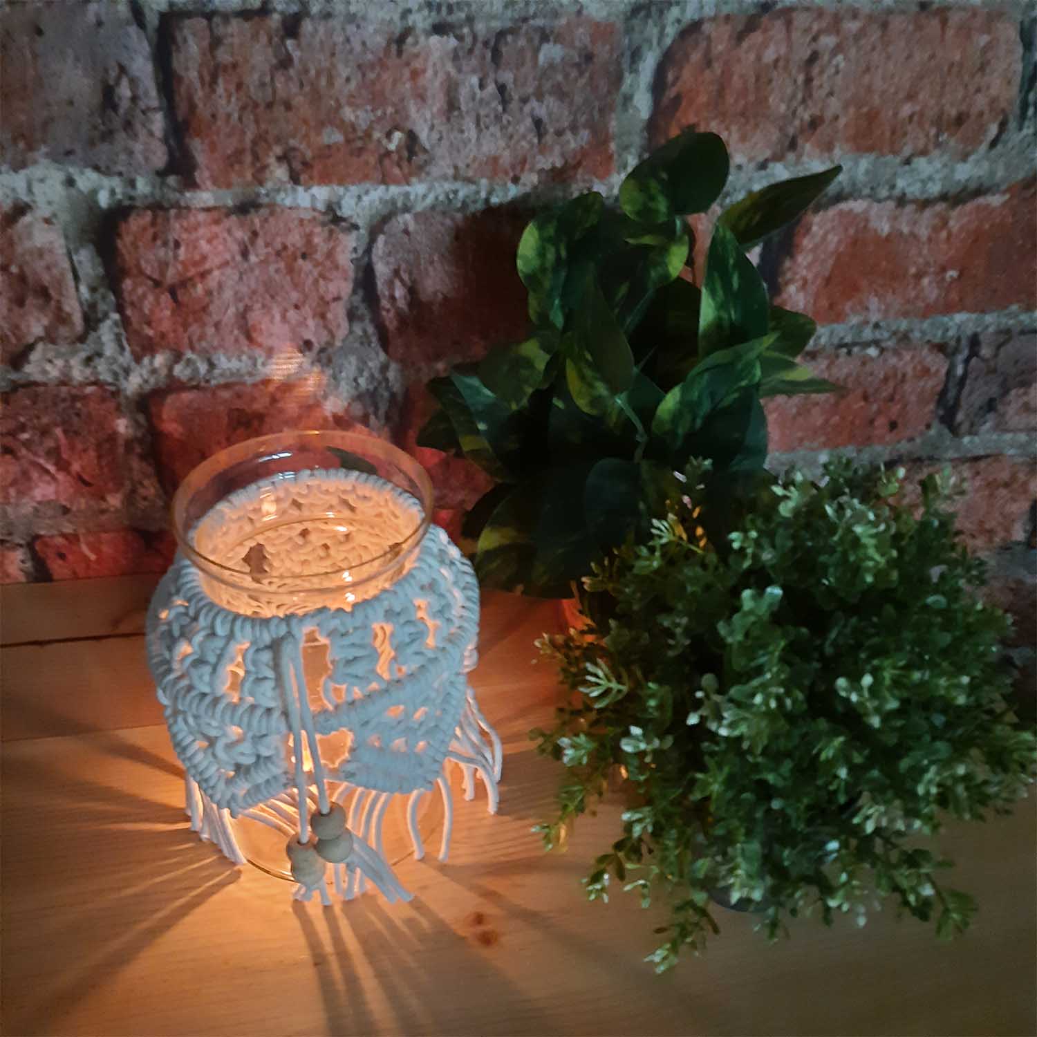 Avioni Home Hand Moulded Glass Jars With Beautifully Crafted Macrame Cover Candle Lantern-7.5 X4.5 Inches (19*11.5 cms)