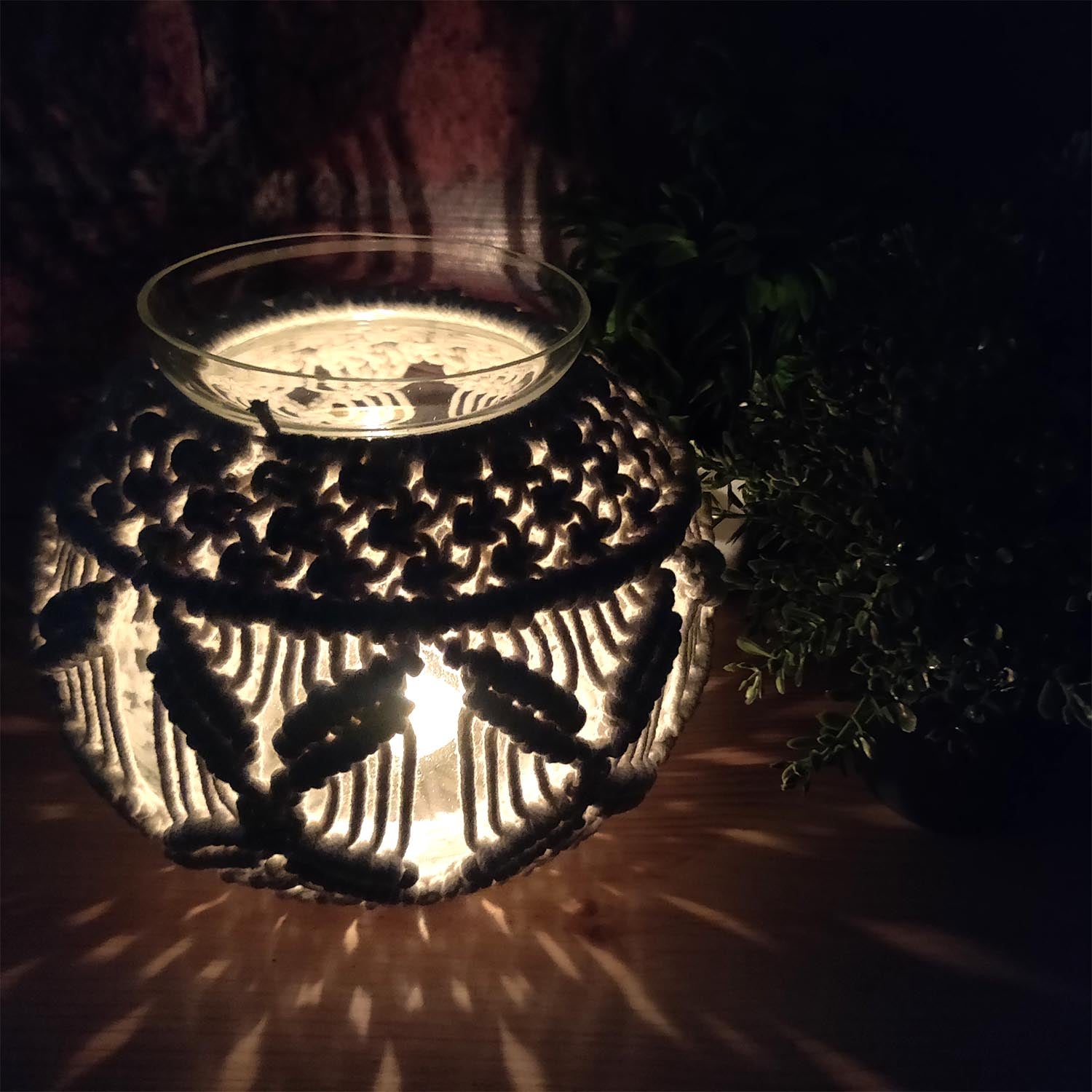 Avioni Home Hand Moulded Glass Jars Round Shaped With Beautifully Crafted Macrame Cover Candle Lantern-7 X 8 Inches ( 18*20 cms)