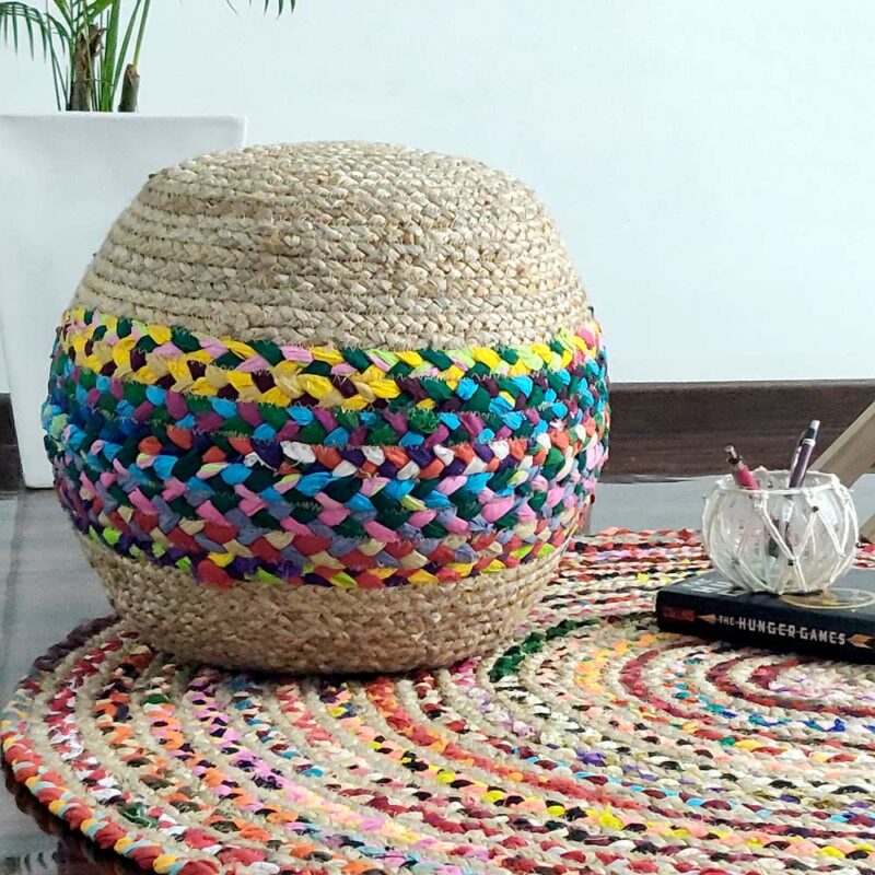 Bigmo Boho Braided Multi Chindi Rainbow Colors Natural Jute Pouf Ottoman--35 cm X 40cm X40cm