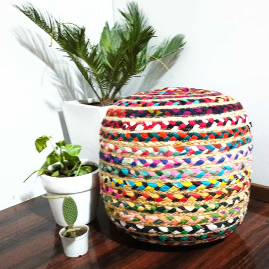 Avioni Home Eco Collection – Colorful Jute and Chindi Drum Style Pouf – 40cm x 45cm x 45cm