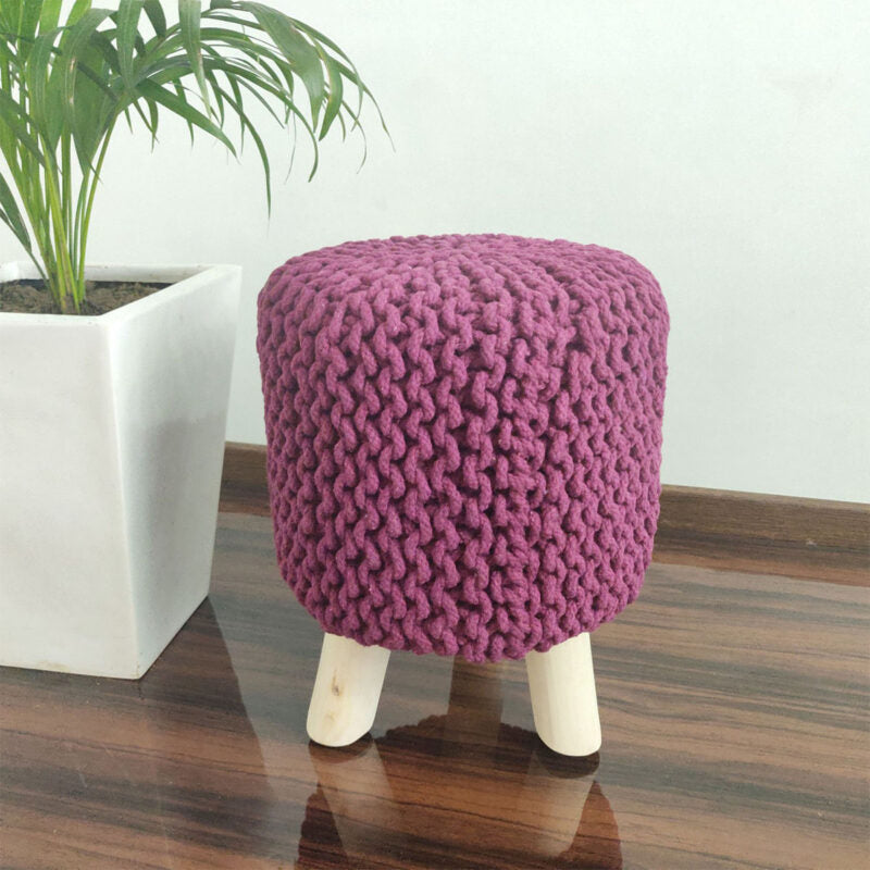 BIGMO Luxury Hand Knotted Boho Look Stool/ Ottoman (3 Legs-Natural Finish)-MediumViolet-Red-35cm X 35cm X 45cm