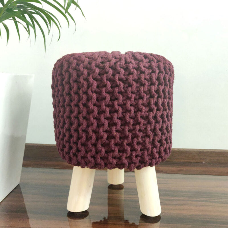 BIGMO Luxury Hand Knotted Boho Look Stool/ Ottoman (3 Legs-Natural Finish)- FireBrick Colour-35cm X 35cm X 45cm
