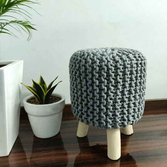 BIGMO Luxury Hand Knotted Boho Look Stool/ Ottoman (3 Legs-Natural Finish)-Gray