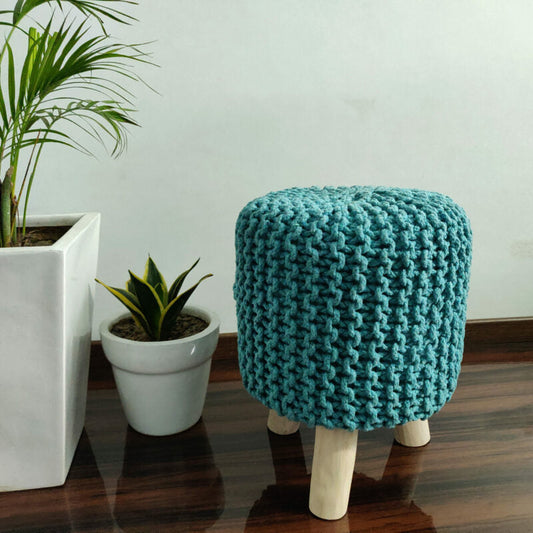 BIGMO Luxury Hand Knotted Boho Look Stool/ Ottoman (3 Legs-Natural Finish)-Turquoise)