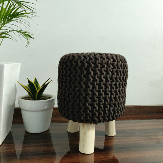 BIGMO Luxury Hand Knotted Boho Look Stool/ Ottoman (3 Legs-Natural Finish)-Brown