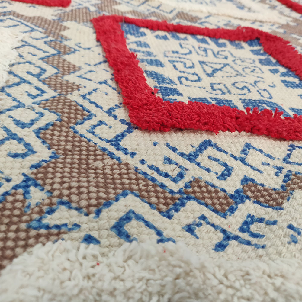 Avioni Boho Look Cotton Printed & Part Tufted Floor Rug / Durrie 120cm x 180cm (~4Feet x 6Feet) – Blue Red Diamonds