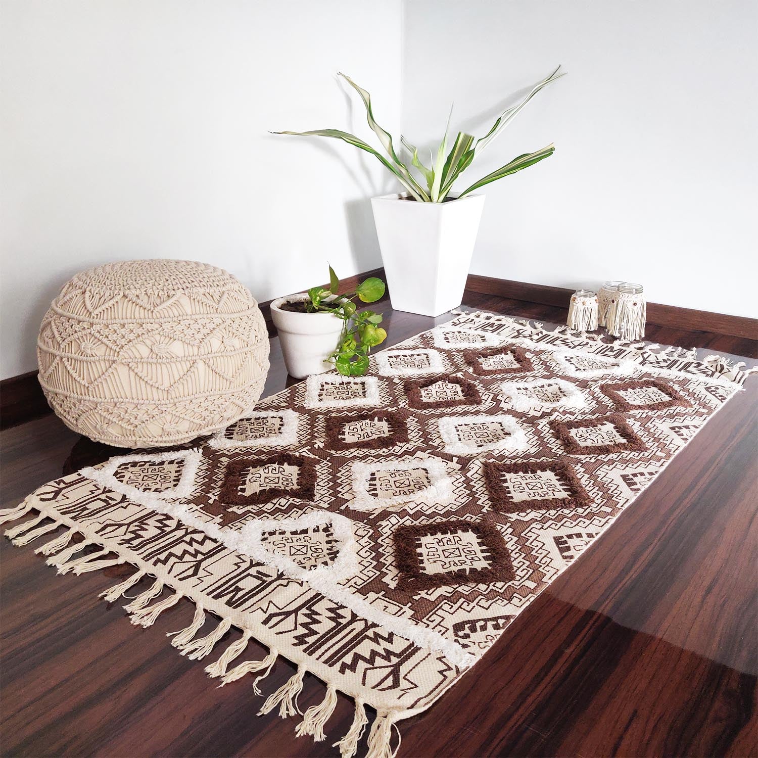 Avioni Boho Look Cotton Printed & Part Tufted Floor Rug / Durrie – Brown Diamonds-90cm x 150cm (~3Feet x 5Feet)