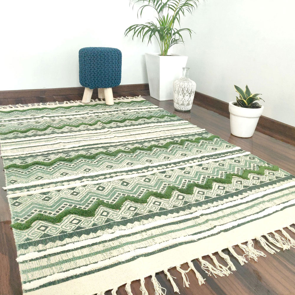 Avioni Boho Look Cotton Printed & Part Tufted Floor Rug / Durrie – Green