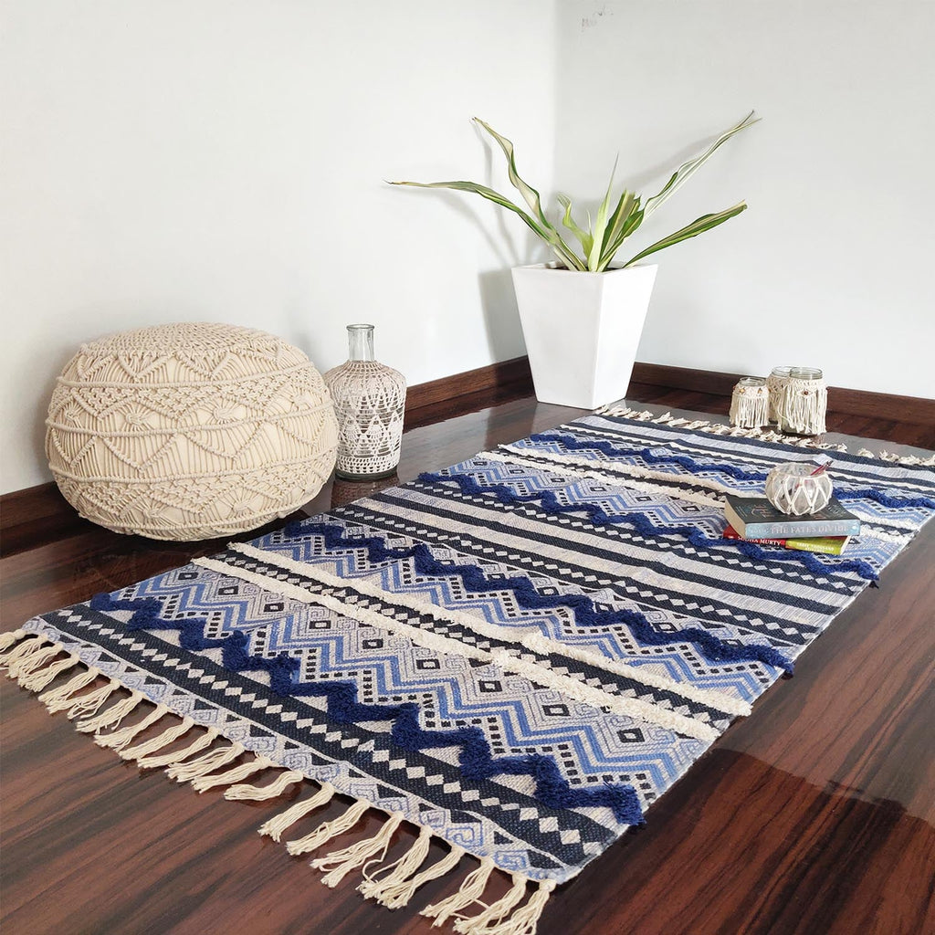 Avioni Boho Look Cotton Printed & Part Tufted Floor Rug / Durrie – Blue with White Tufting-120cm x 180cm (~4Feet x 6Feet)