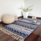 Avioni Boho Look Cotton Printed & Part Tufted Floor Rug / Durrie – Blue with White Tufting-120cm x 180cm (~4Feet x 6Feet)