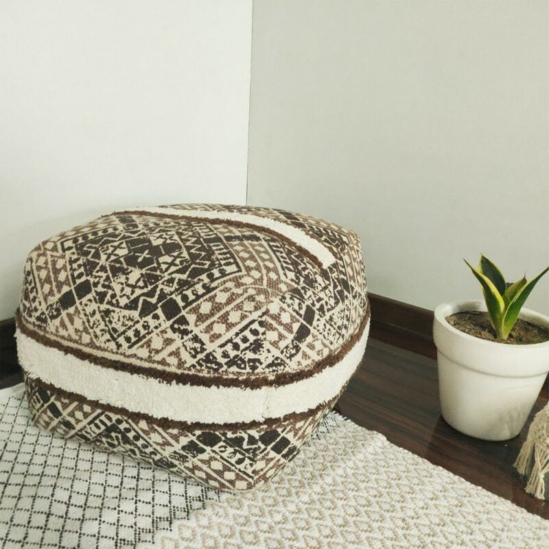 Avioni Boho Look Cotton Printed & Part Tufted Poufs/Ottoman Large Size- Brown-40cm × 40cm × 35 cm