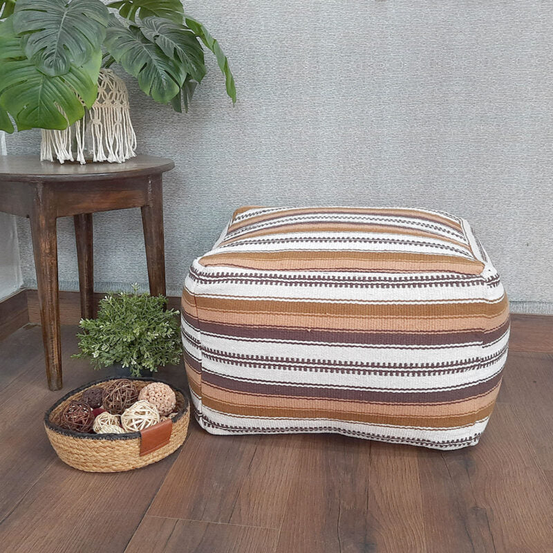 Avioni Home BigMo Earthy Collection – Ethnic Brown and White Pattern Boho Pouf -40cm x 55cm x 55 cm