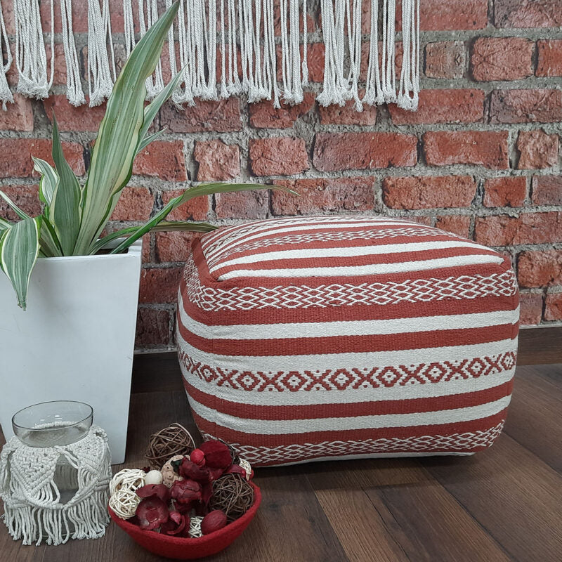 Avioni Home BigMo Collection -Cube Boho Earthen Red and White Pouf -40cm x 55cm x 55 cm