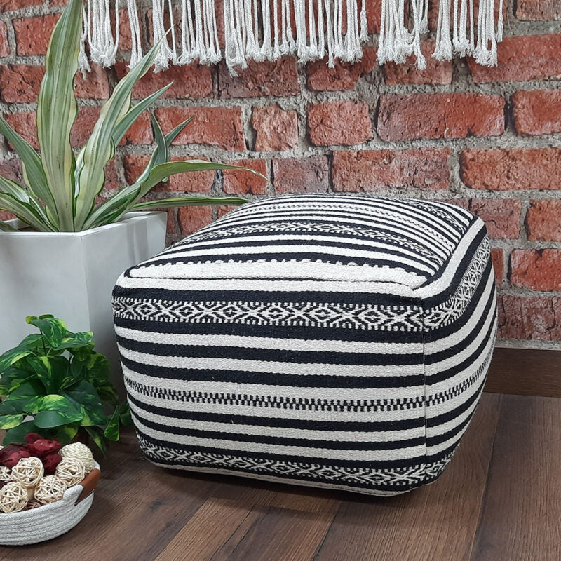 Avioni Home BigMo Collection -Cube Boho Black and White Pouf -40cm x 55cm x 55 cm
