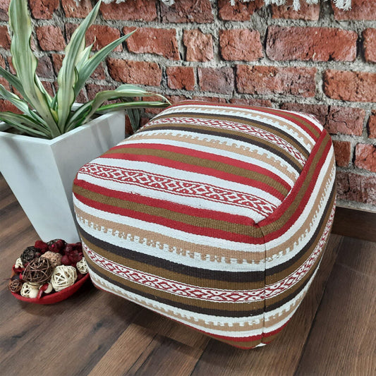 Avioni Home BigMo Collection -Cube Boho Earthen Red, White and Brown Pouf -40x55x55