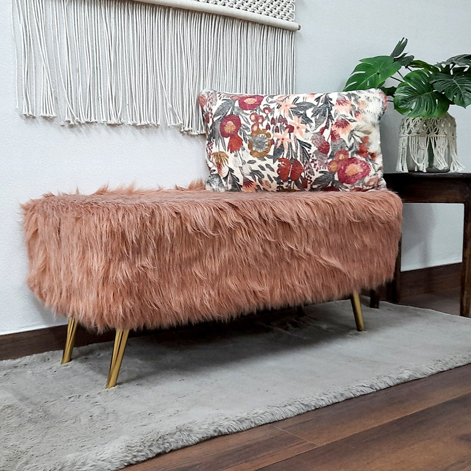 Noviato Collection – Light Redwood Premium Double Shade Long Faux Fur Bench Gold Metal Legs Modern On-Trend Style Multi-Functional Ottoman Bench Seat, 90 cm length x 40 cms Width/Height | from Avioni