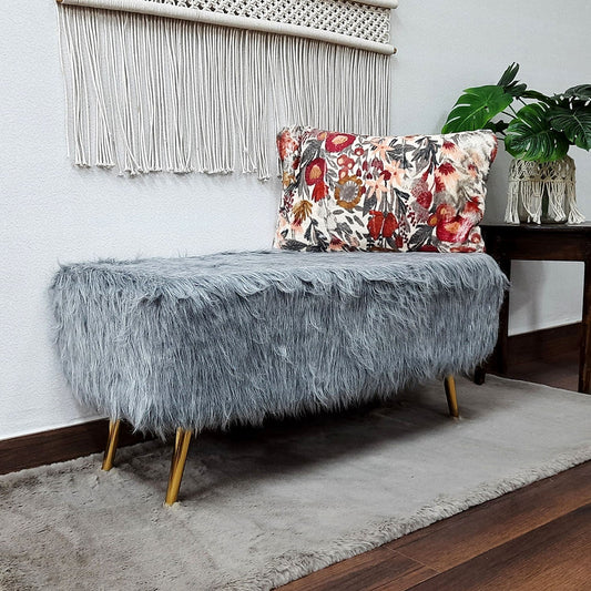 Noviato Collection – Grey Premium Long Faux Fur Bench Gold Metal Legs Modern On-Trend Style Multi-Functional Ottoman Bench Seat, 90 cm length | from Avioni