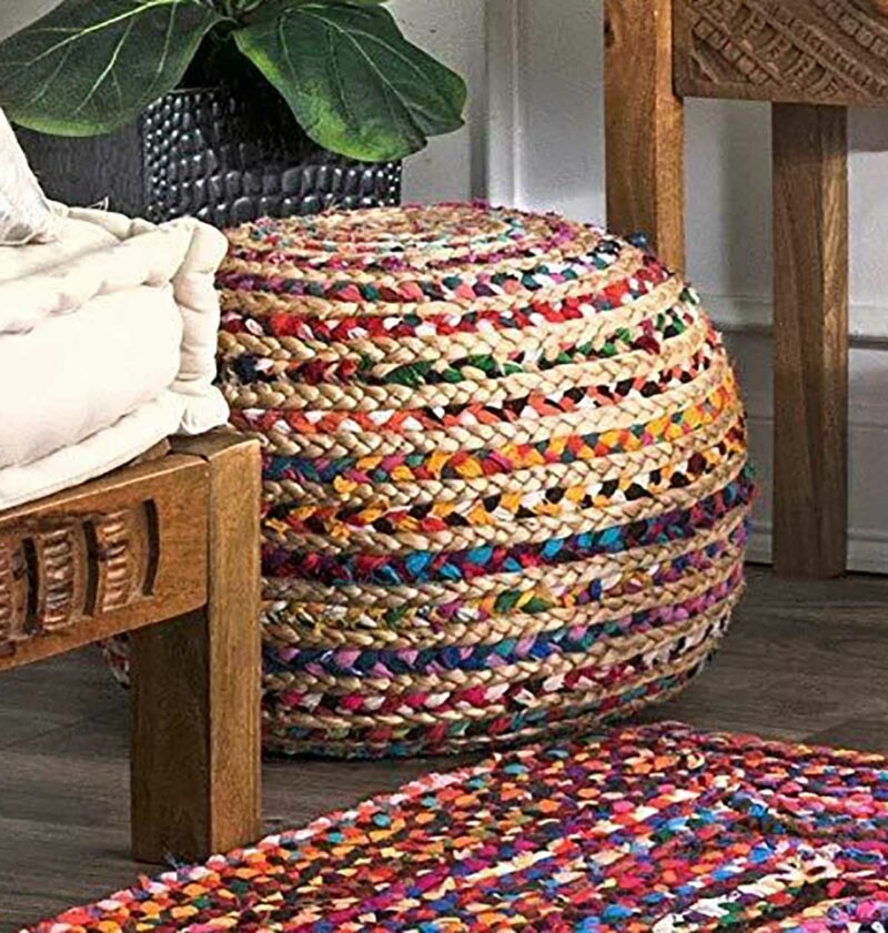 Bigmo Boho Braided Multi Chindi Rainbow Colors Natural Jute Pouf Ottoman-40cm X45cm X 45 cm