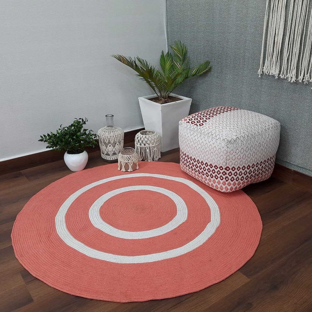 Avioni Cotton Rugs Braided Round- Pinkish Orange – 120 cms (4 Feet)