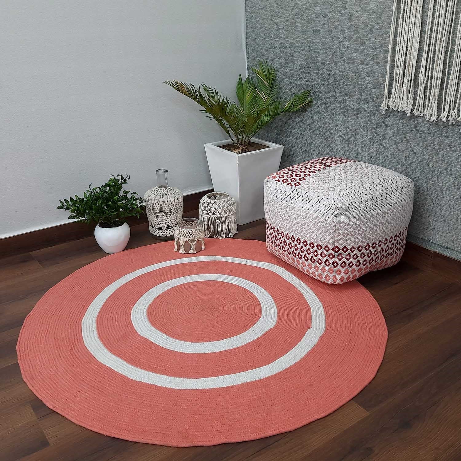 Avioni Cotton Rugs Braided Round- Pinkish Orange – 120 cms (4 Feet)