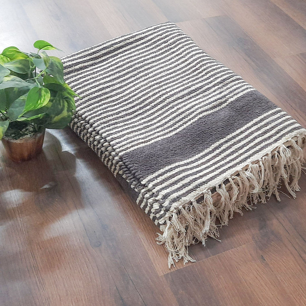 Luxe Soft Premium Chenille Handloom Brown Stripes Durry- 150cm x 210cm (~5 X 7 Feet) by Avioni