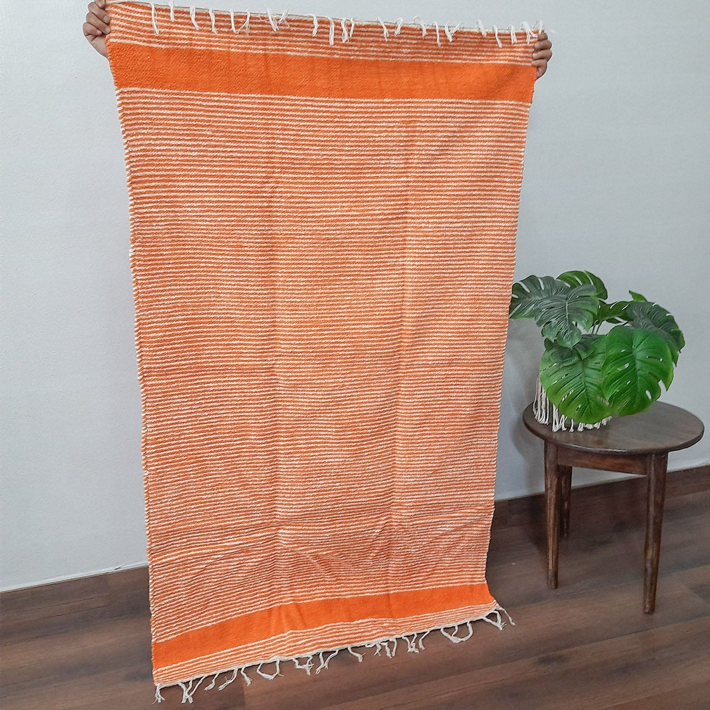 Clearance Sale-Avioni Handloom Luxe Cotton Durries in White and Orange Stripes- 90cm x 150cm (~3×5 Feet)