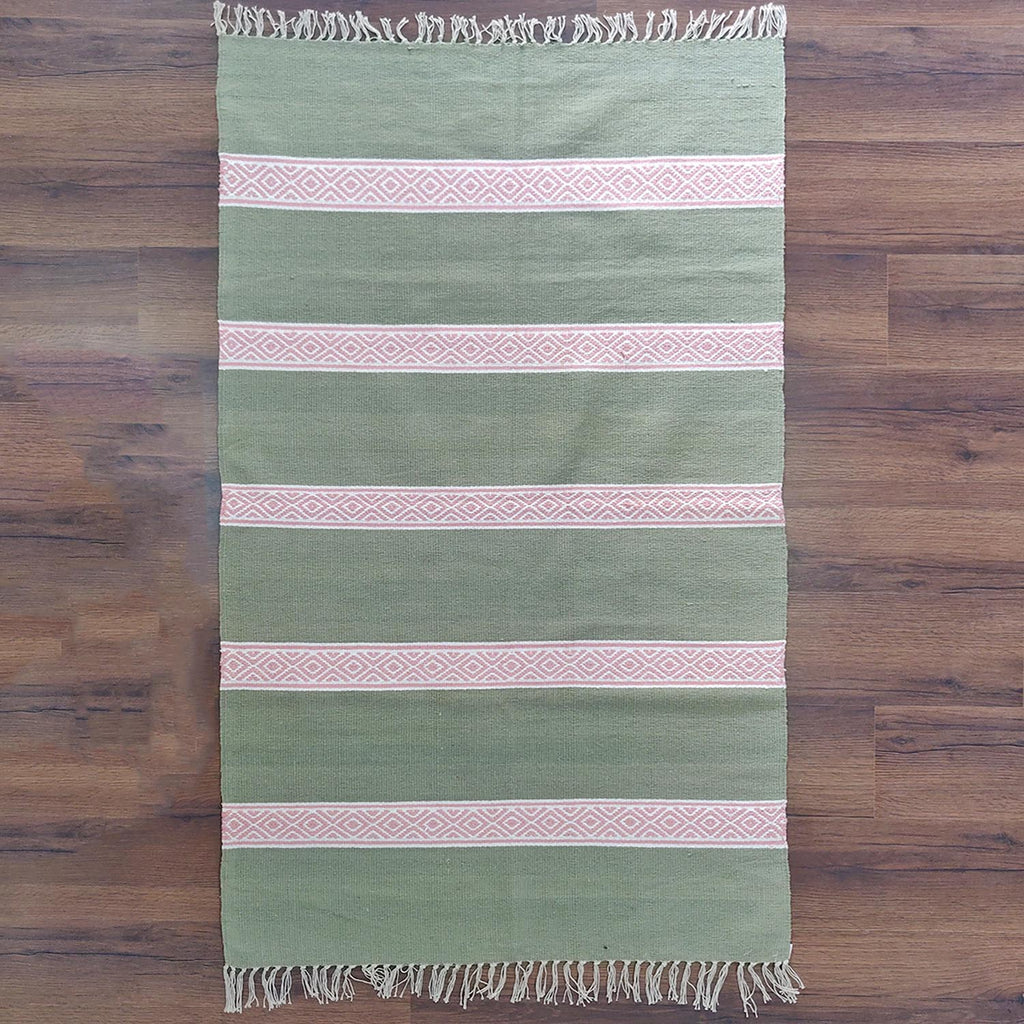 Avioni 100% Cotton Handloom Floor Rug / Durrie – Neohome Collection – Green and Pink
