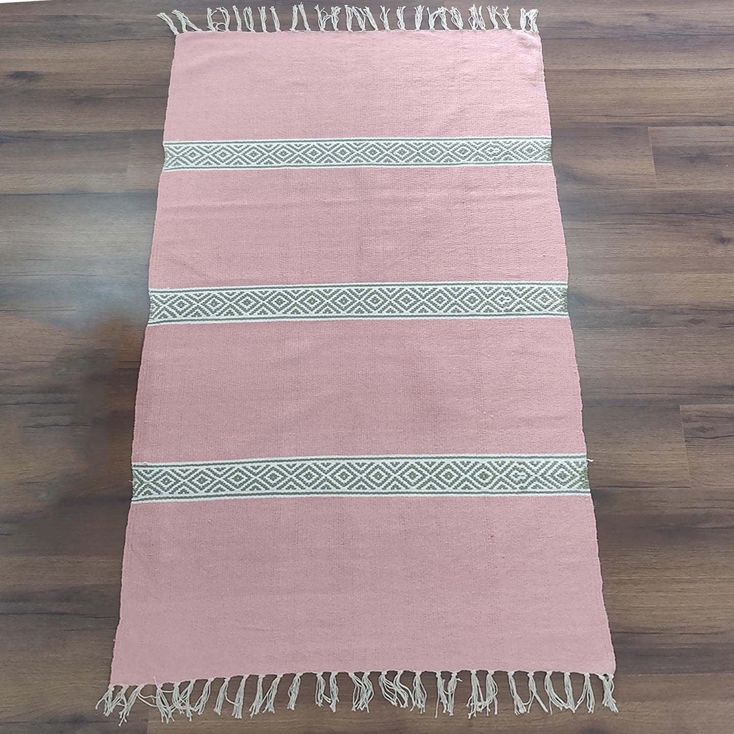Avioni 100% Cotton Handloom Floor Rug / Durrie – Neohome Collection – Green stripes on pink background