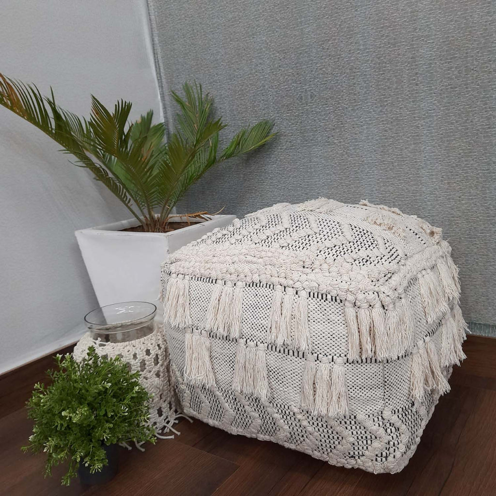 Avioni Home BigMo Collection -Cube Pouf With Tassels Gray -35cm x 50cm x 50cm