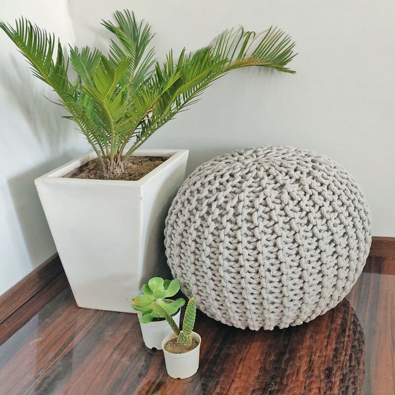 BIGMO Luxury Hand Knotted Boho Look Pouf/ Ottoman Extra Large Size Silver Colour- 35cmx50cmx50cm – Best Gift For Festivals