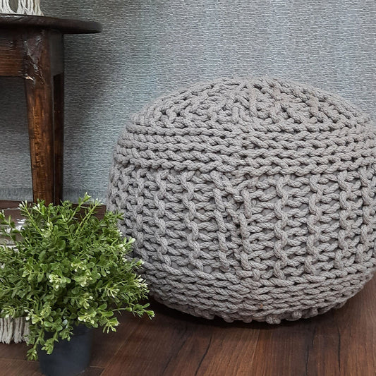 BIGMO Luxury Hand Knotted Boho Look Pouf/ Ottoman Extra Large Size Silver Colour- 35x50x50