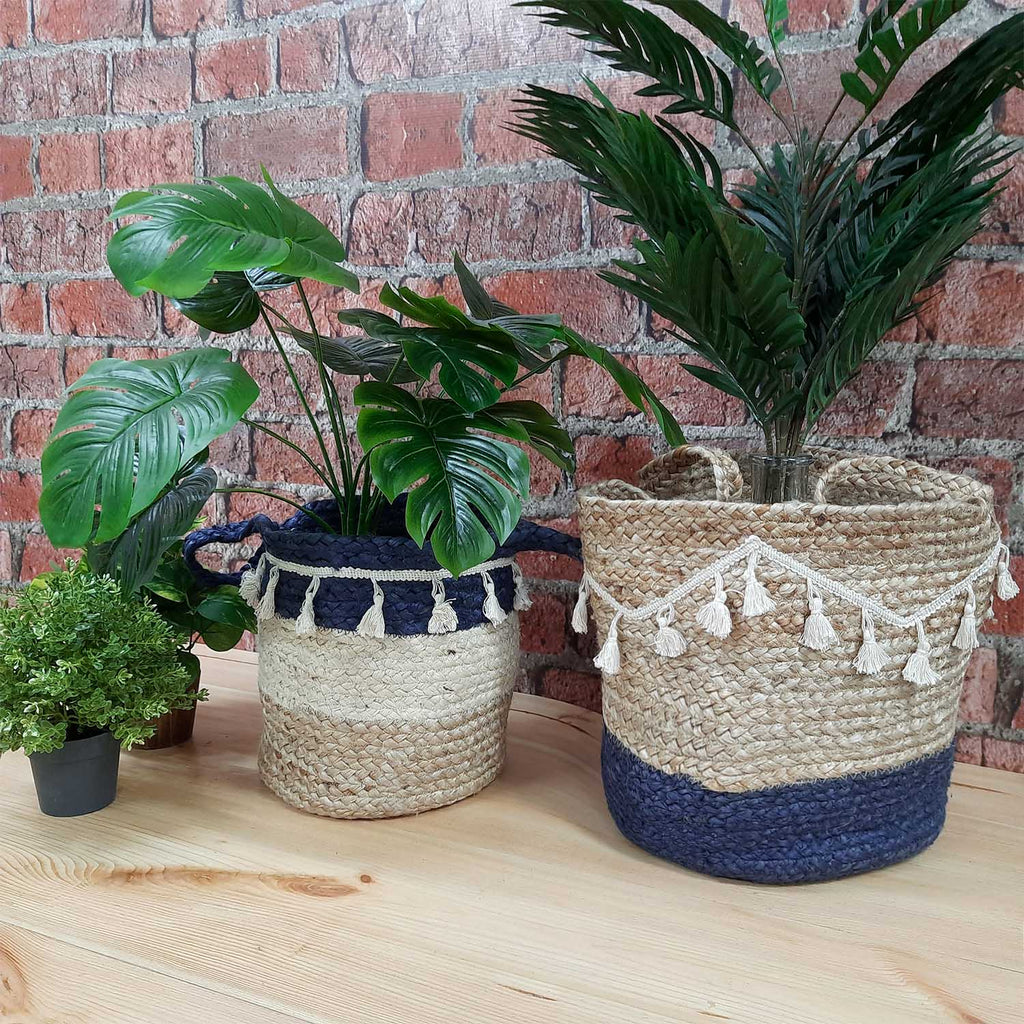 Avioni Home- Hand Braided Natural Jute Baskets With Blue Hand Decorated with Fringes Large Size- 12×12 inch (31×31 cms)