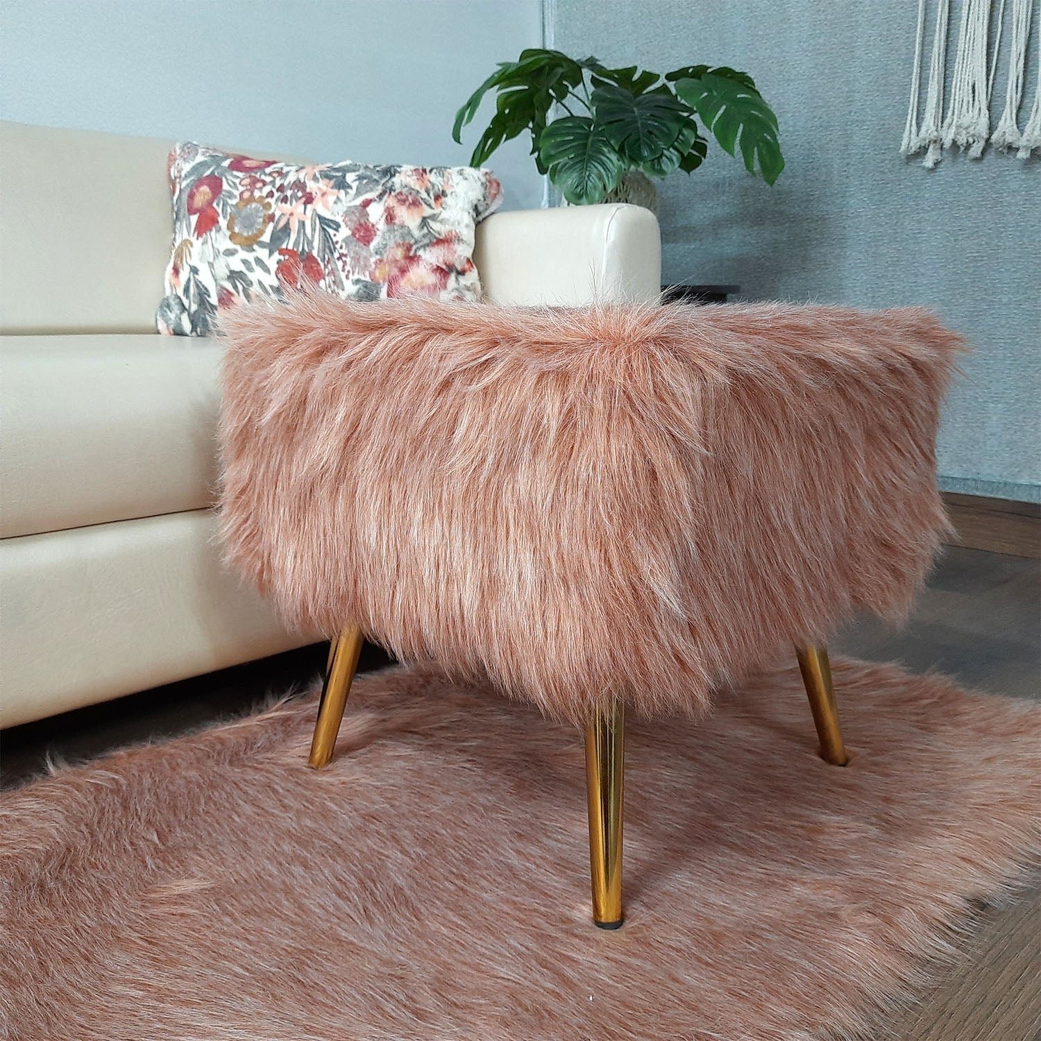 Noviato Collection – Light Redwood Premium Double Shade Faux Fur Footstool Gold Metal Legs Modern On-Trend Style Square Multi-Functional Ottoman Stool Seat, 40cm x 40cm x 40 cm | from Avioni