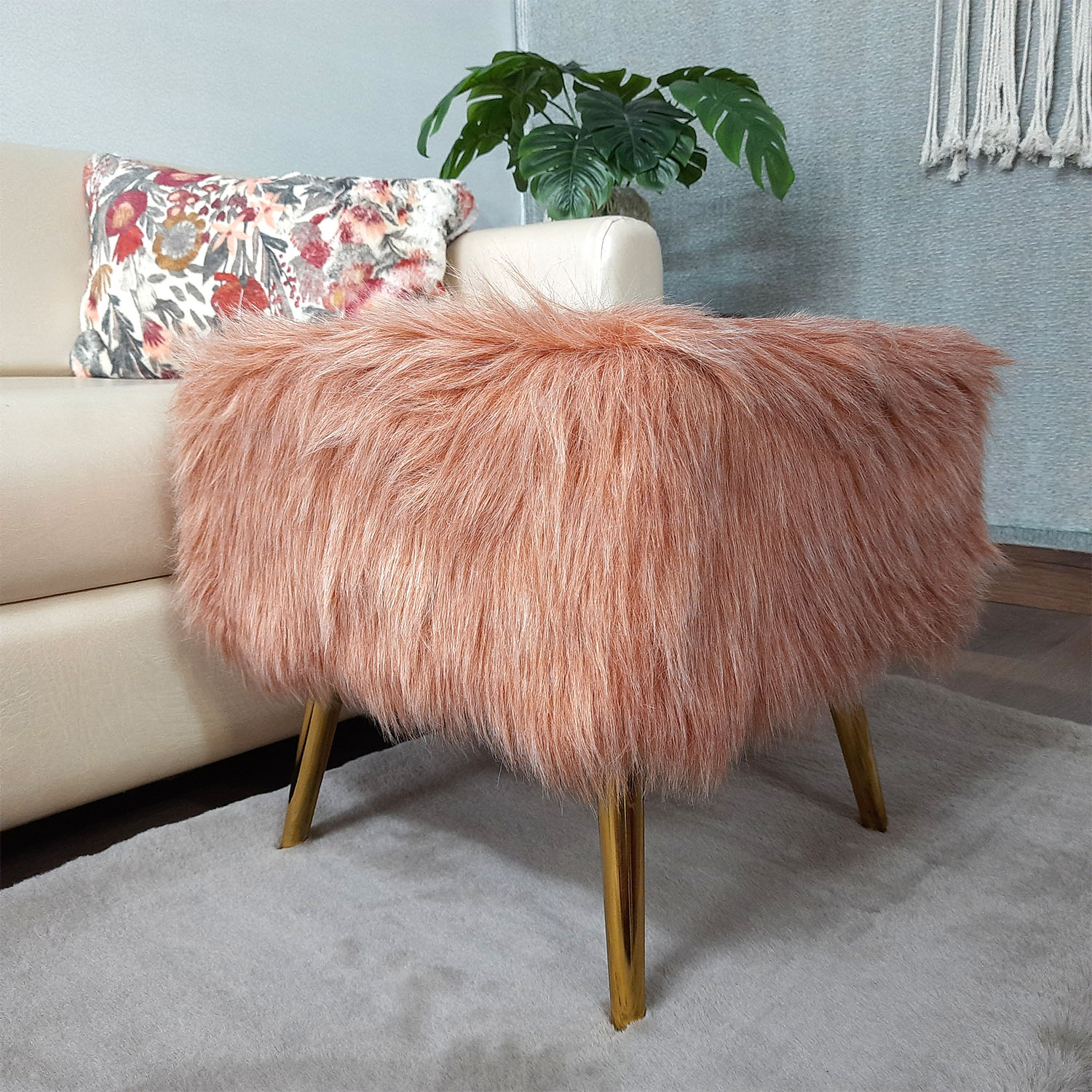 Noviato Collection – Light Redwood Premium Double Shade Faux Fur Footstool Gold Metal Legs Modern On-Trend Style Square Multi-Functional Ottoman Stool Seat, 40cm x 40cm x 40 cm | from Avioni