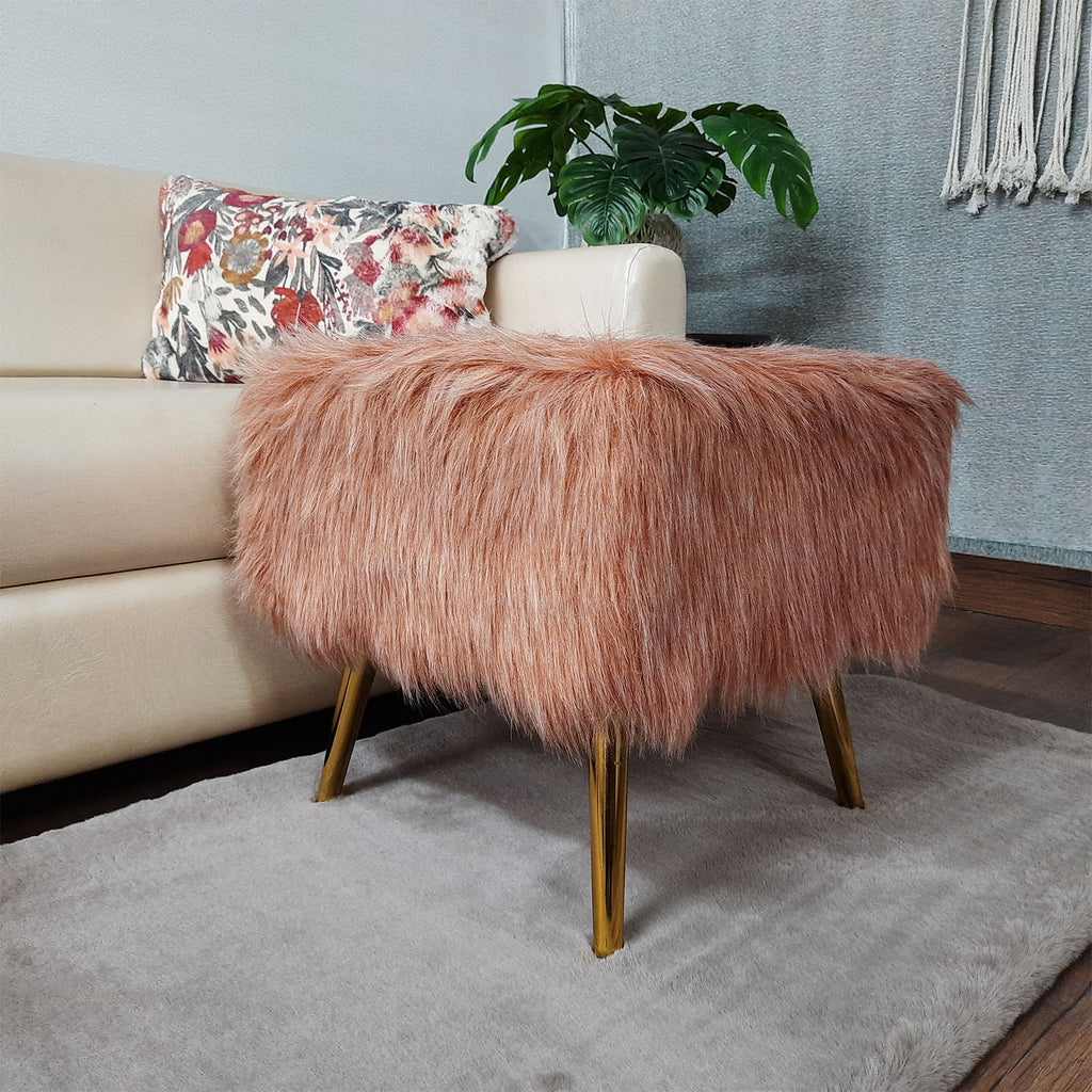 Noviato Collection – Light Redwood Premium Double Shade Faux Fur Footstool Gold Metal Legs Modern On-Trend Style Square Multi-Functional Ottoman Stool Seat, 40cm x 40cm x 40 cm | from Avioni