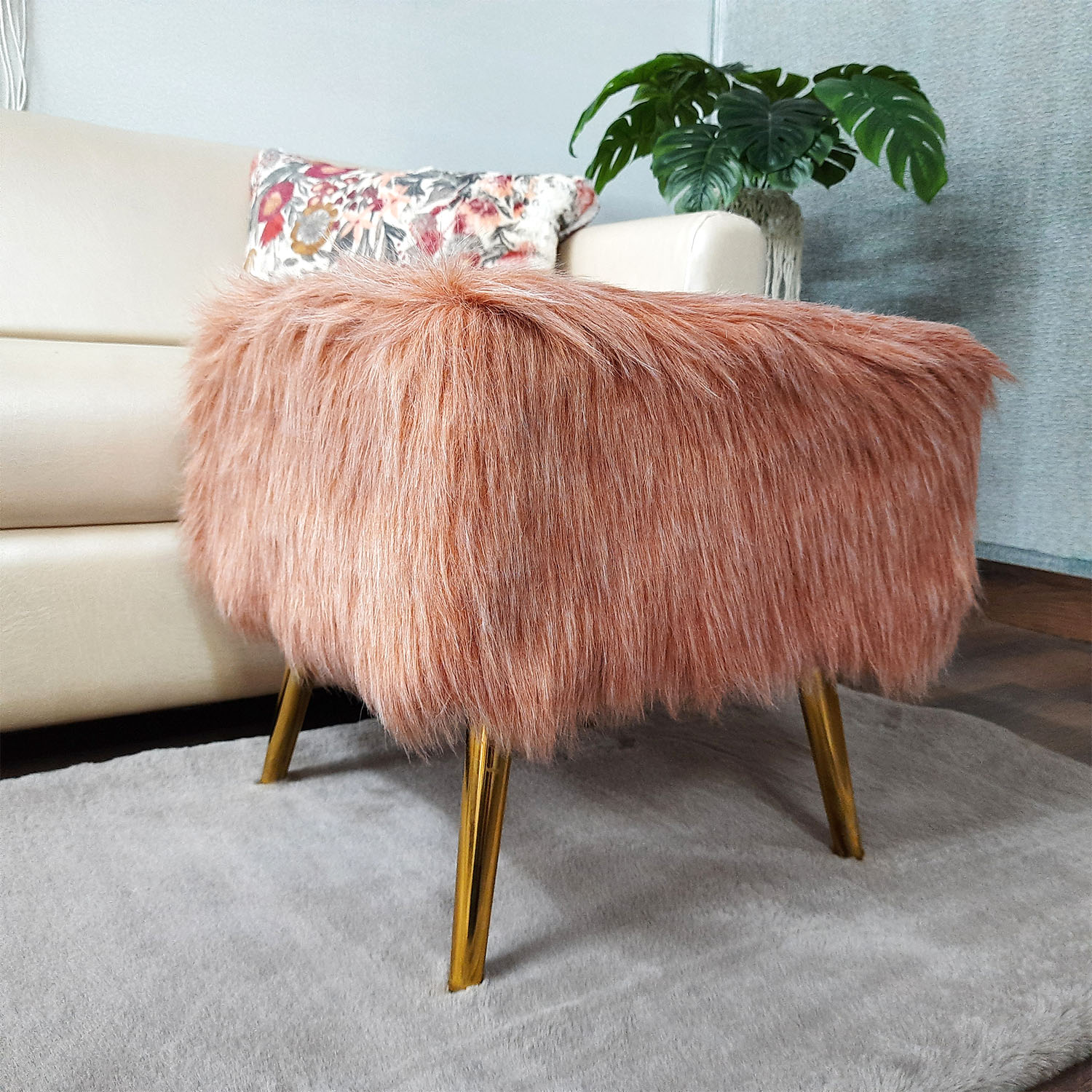 Noviato Collection – Light Redwood Premium Double Shade Faux Fur Footstool Gold Metal Legs Modern On-Trend Style Square Multi-Functional Ottoman Stool Seat, 40cm x 40cm x 40 cm | from Avioni
