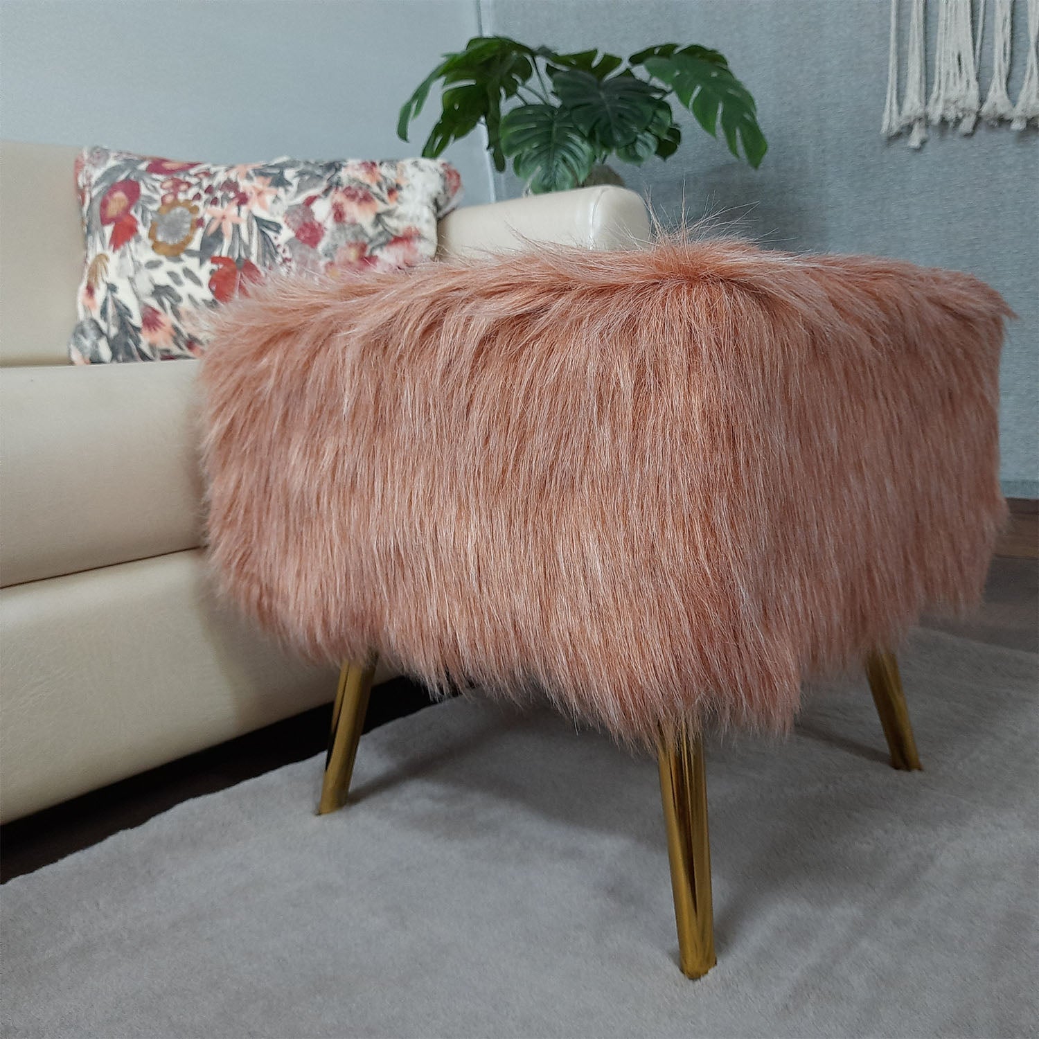 Noviato Collection – Light Redwood Premium Double Shade Faux Fur Footstool Gold Metal Legs Modern On-Trend Style Square Multi-Functional Ottoman Stool Seat, 40cm x 40cm x 40 cm | from Avioni