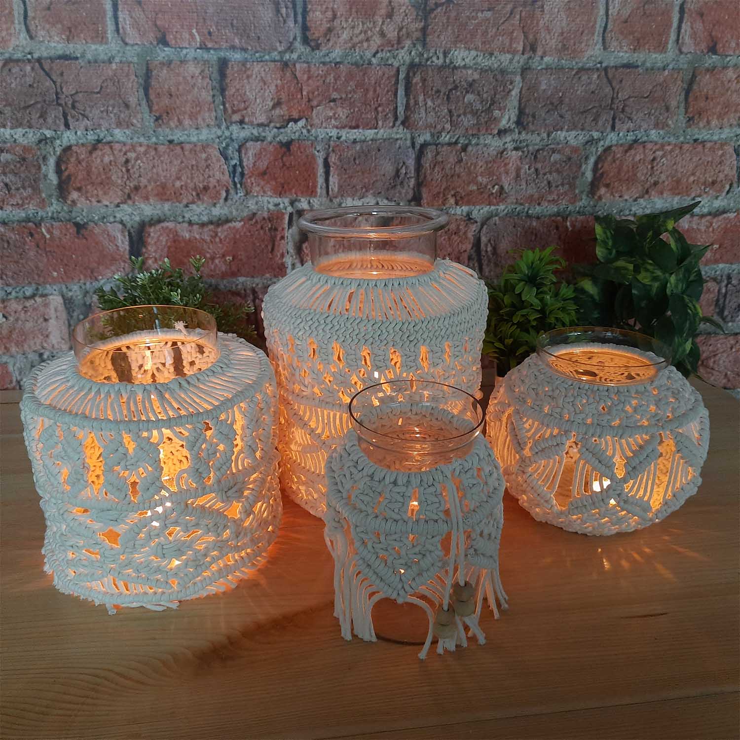 Avioni Home Hand Moulded Glass Jars Round Shaped With Beautifully Crafted Macrame Cover Candle Lantern-7 X 8 Inches ( 18*20 cms)
