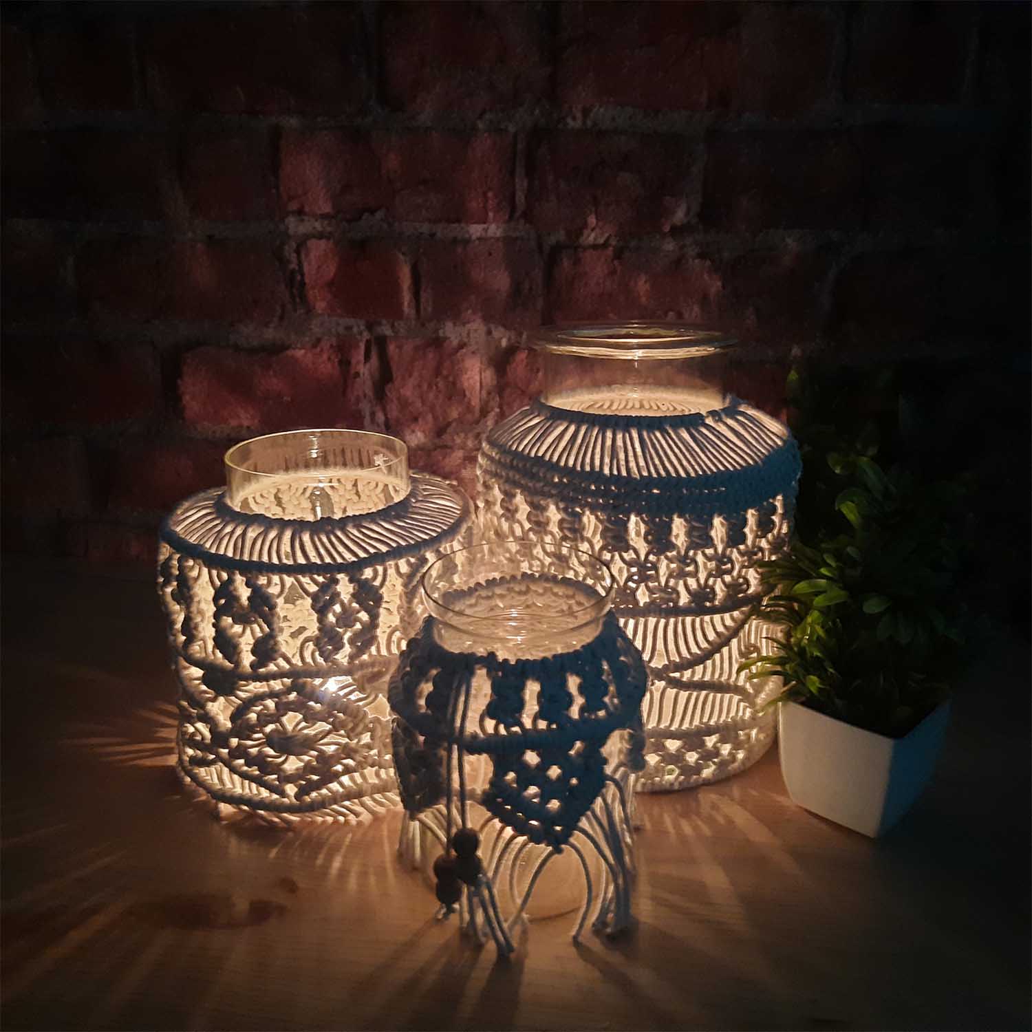 Avioni Home Hand Moulded Glass Jars With Beautifully Crafted Macrame Cover Candle Lantern-7.5 X4.5 Inches (19*11.5 cms)