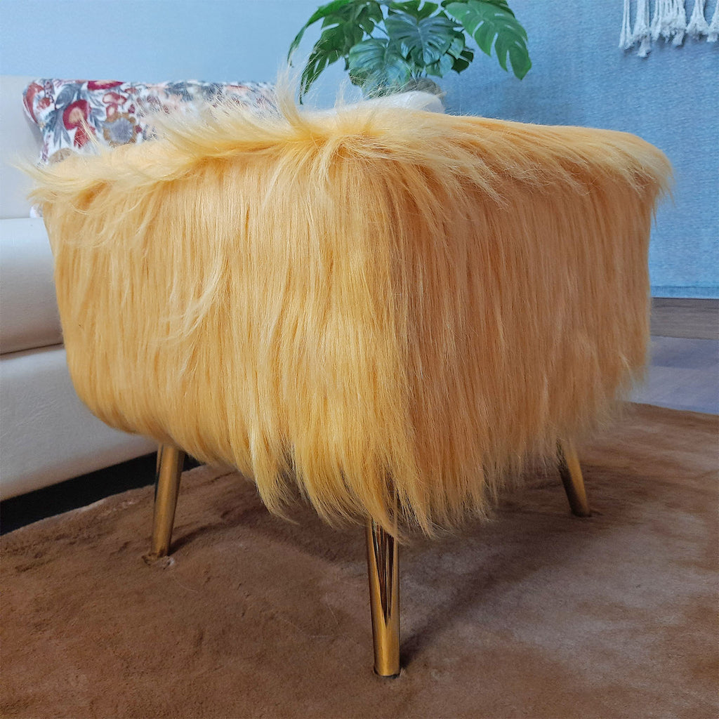 Noviato Collection – Amber Premium Long Faux Fur Footstool Gold Metal Legs Modern On-Trend Style Square Multi-Functional Ottoman Stool Seat, 40cm x 40cm x 40 cm | from Avioni