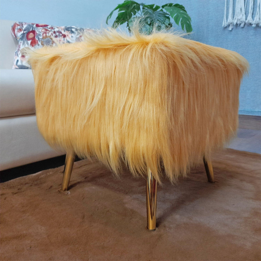 Noviato Collection – Amber Premium Long Faux Fur Footstool Gold Metal Legs Modern On-Trend Style Square Multi-Functional Ottoman Stool Seat, 40cm x 40cm x 40 cm | from Avioni