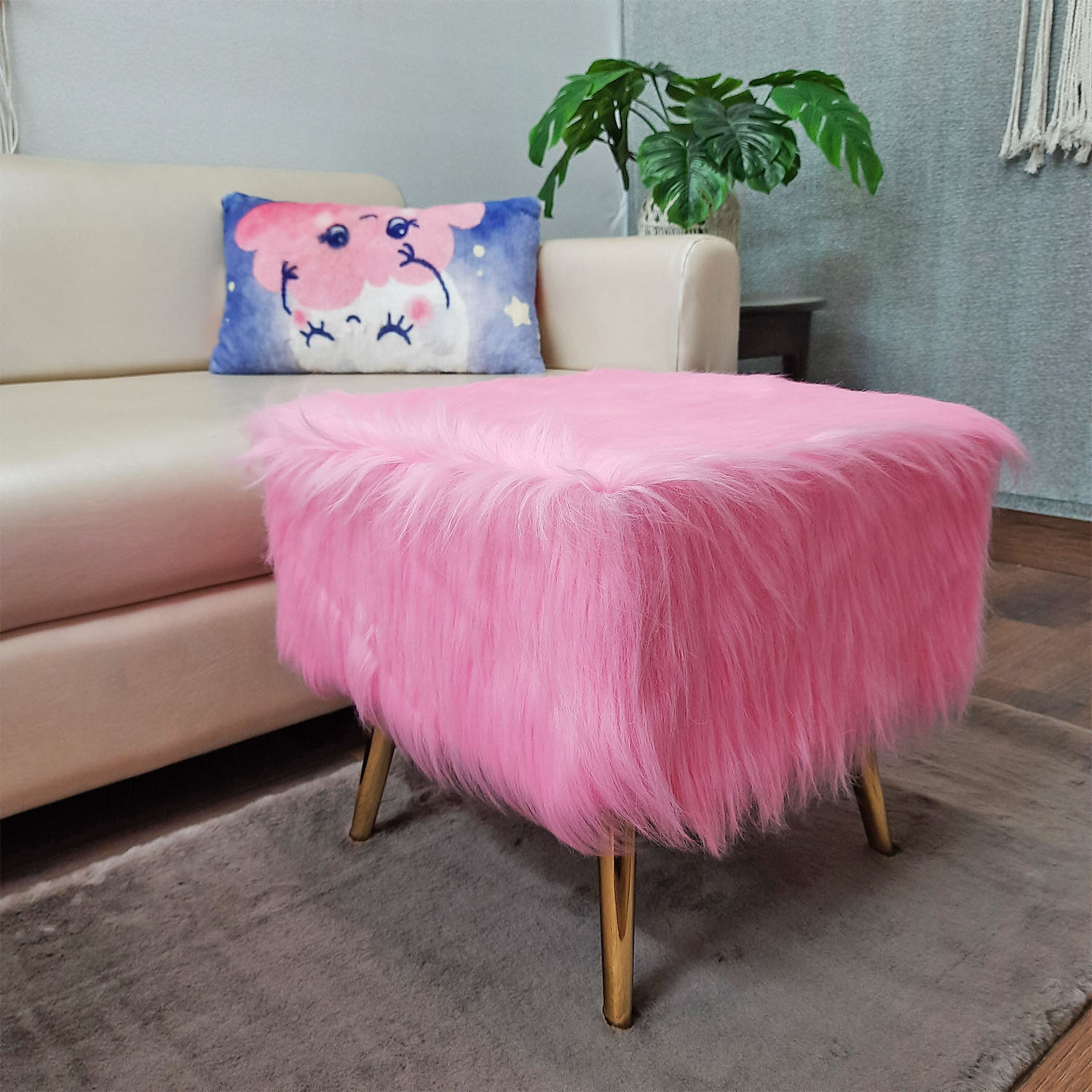 Noviato Collection – Pink Premium Long Faux Fur Footstool Gold Metal Legs Modern On-Trend Style Square Multi-Functional Ottoman Stool Seat, 40cm x 40cm x 40 cm | from Avioni