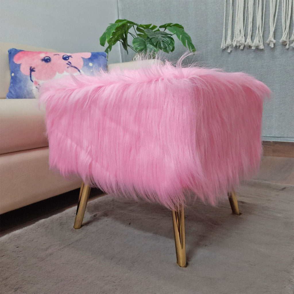 Noviato Collection – Pink Premium Long Faux Fur Footstool Gold Metal Legs Modern On-Trend Style Square Multi-Functional Ottoman Stool Seat, 40cm x 40cm x 40 cm | from Avioni