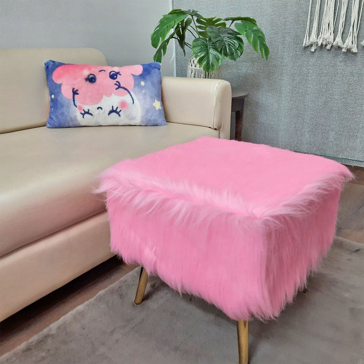 Noviato Collection – Pink Premium Long Faux Fur Footstool Gold Metal Legs Modern On-Trend Style Square Multi-Functional Ottoman Stool Seat, 40cm x 40cm x 40 cm | from Avioni