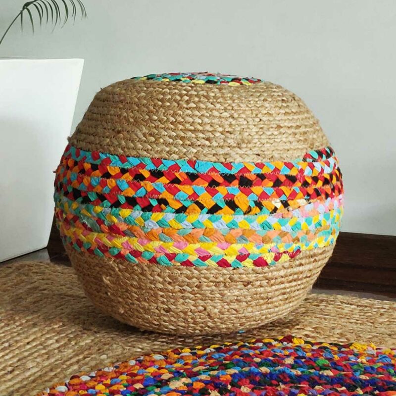 Bigmo Boho Braided Multi Chindi Rainbow Colors Natural Jute Pouf Ottoman--35 cm X 40cm X40cm