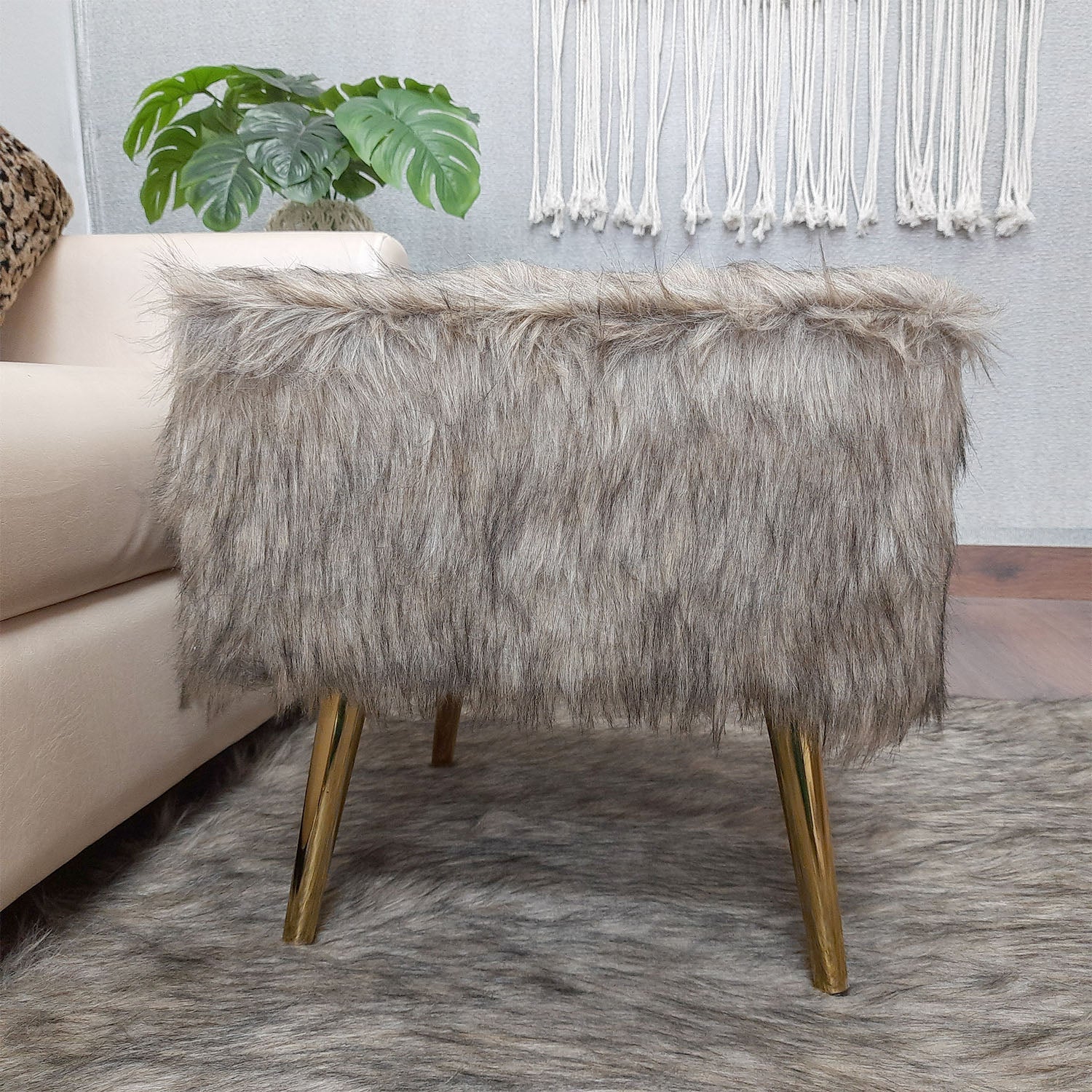 Noviato Collection – Shades of Grey/Brown Premium Long Faux Fur Footstool Gold Metal Legs Modern On-Trend Style Square Multi-Functional Ottoman Stool Seat, 40cm x 40cm x 40 cm | from Avioni