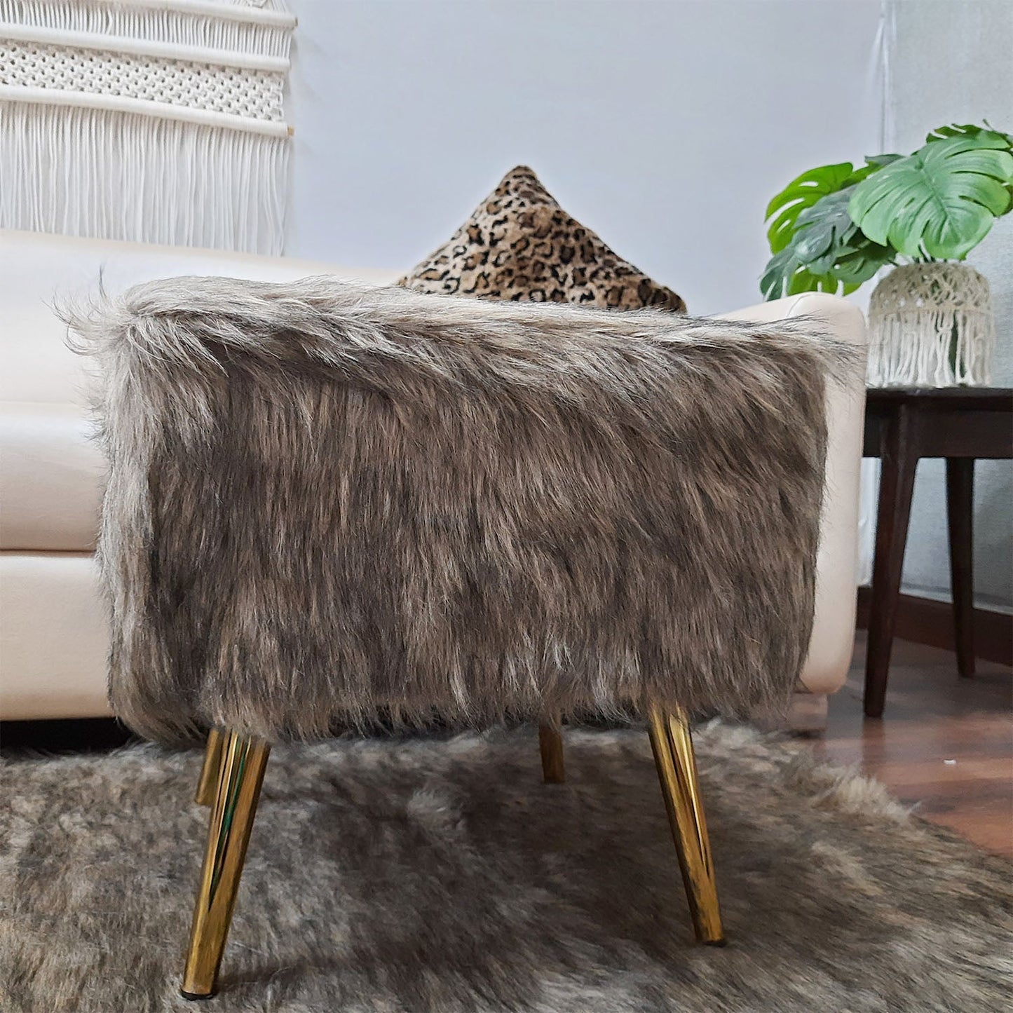 Noviato Collection – Shades of Grey/Brown Premium Long Faux Fur Footstool Gold Metal Legs Modern On-Trend Style Square Multi-Functional Ottoman Stool Seat, 40 cm Tall | from Avioni
